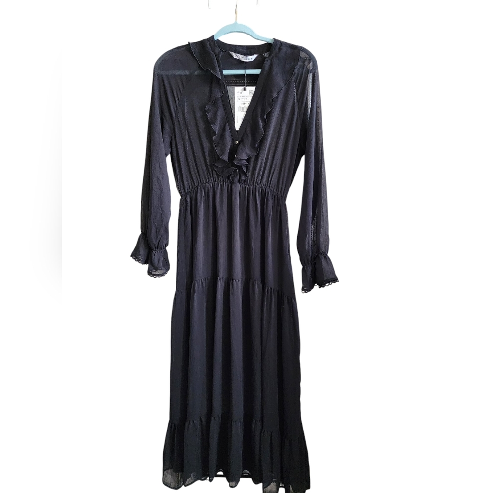 Elegant Black Ruffle Zara Dress, Size Small